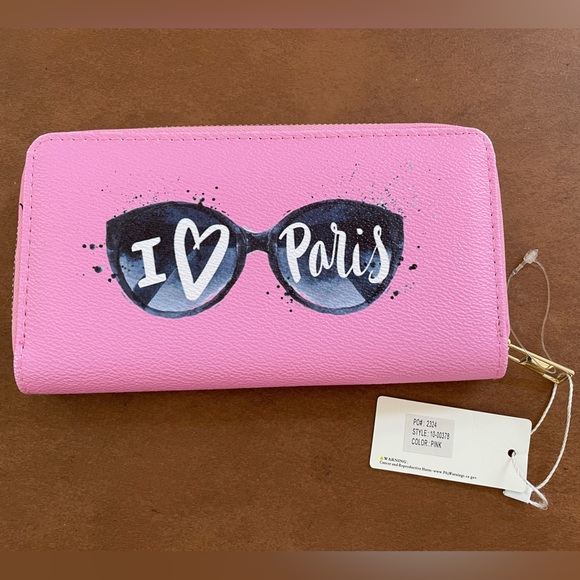 Blush Crush 🎉HP🎉 NWT vegan “I 🩷 Paris” long zip around wallet BarbieCore pink - Picture 3 of 6